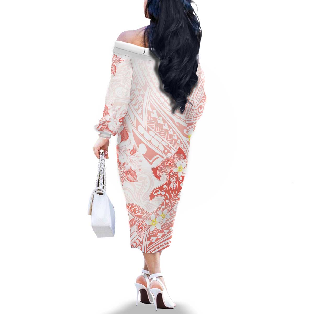 Polynesia Hammerhead Shark Family Matching Off The Shoulder Long Sleeve Dress and Hawaiian Shirt Tropical Flowers Tribal Pattern Peach LT05 - Polynesian Pride
