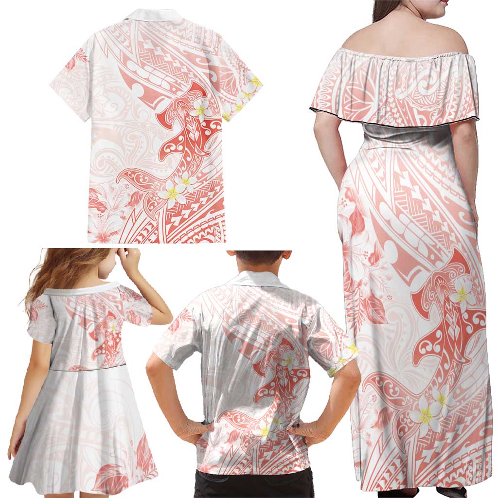 Polynesia Hammerhead Shark Family Matching Off Shoulder Maxi Dress and Hawaiian Shirt Tropical Flowers Tribal Pattern Peach LT05 - Polynesian Pride