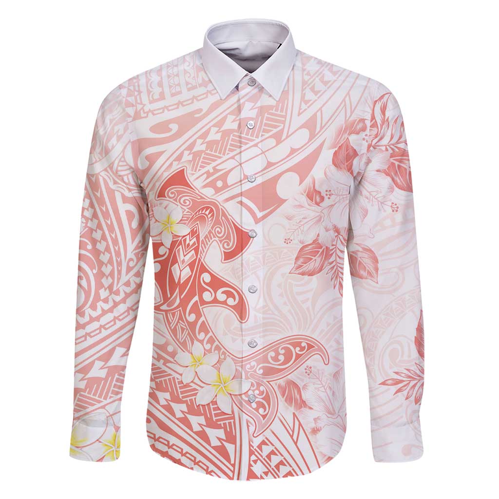 Polynesia Hammerhead Shark Family Matching Off Shoulder Maxi Dress and Hawaiian Shirt Tropical Flowers Tribal Pattern Peach LT05 Dad's Shirt - Long Sleeve Peach - Polynesian Pride