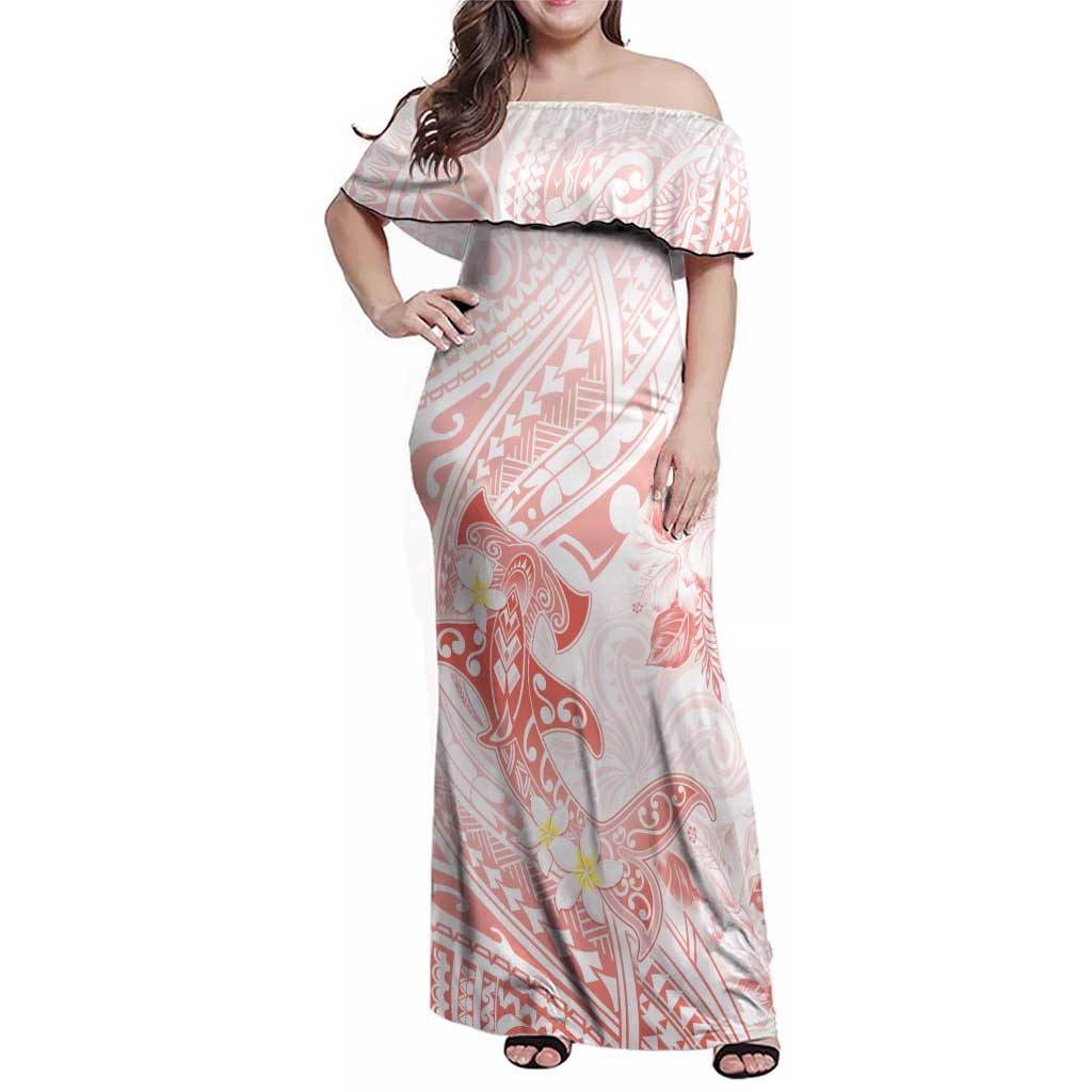 Polynesia Hammerhead Shark Family Matching Off Shoulder Maxi Dress and Hawaiian Shirt Tropical Flowers Tribal Pattern Peach LT05 Mom's Dress Peach - Polynesian Pride