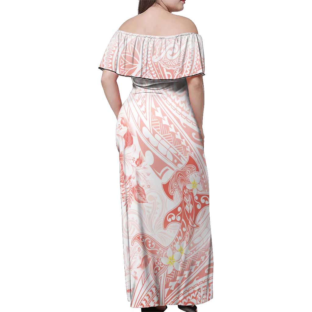 Polynesia Hammerhead Shark Family Matching Off Shoulder Maxi Dress and Hawaiian Shirt Tropical Flowers Tribal Pattern Peach LT05 - Polynesian Pride