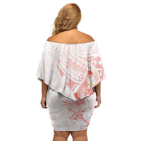 Polynesia Hammerhead Shark Family Matching Off Shoulder Short Dress and Hawaiian Shirt Tropical Flowers Tribal Pattern Peach