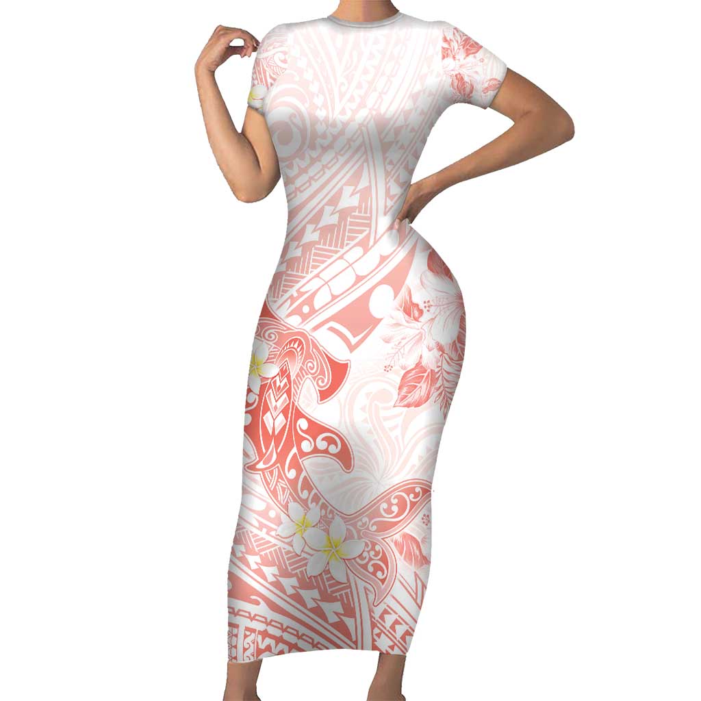 Polynesia Hammerhead Shark Family Matching Short Sleeve Bodycon Dress and Hawaiian Shirt Tropical Flowers Tribal Pattern Peach