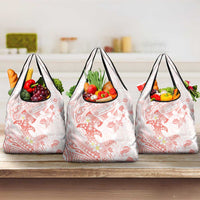 Polynesia Hammerhead Shark Grocery Bag Tropical Flowers Tribal Pattern Peach