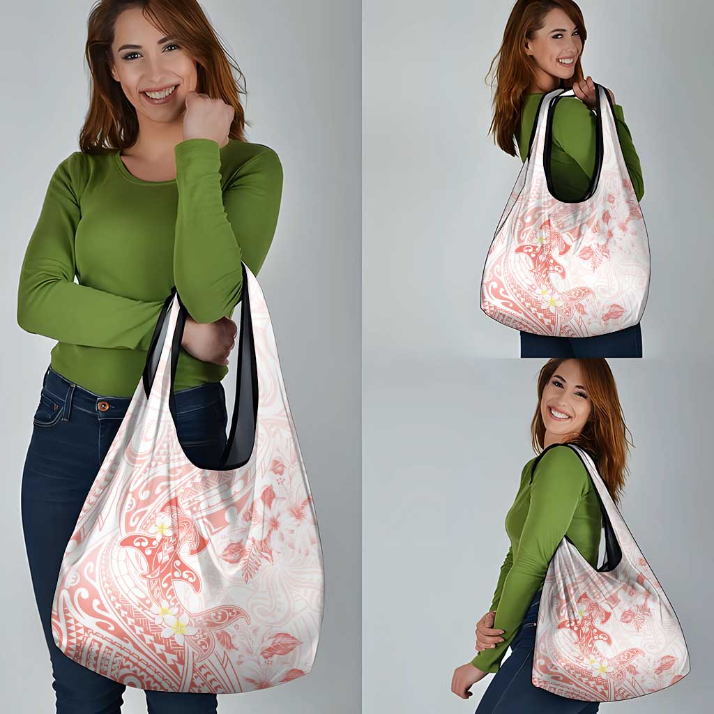 Polynesia Hammerhead Shark Grocery Bag Tropical Flowers Tribal Pattern Peach