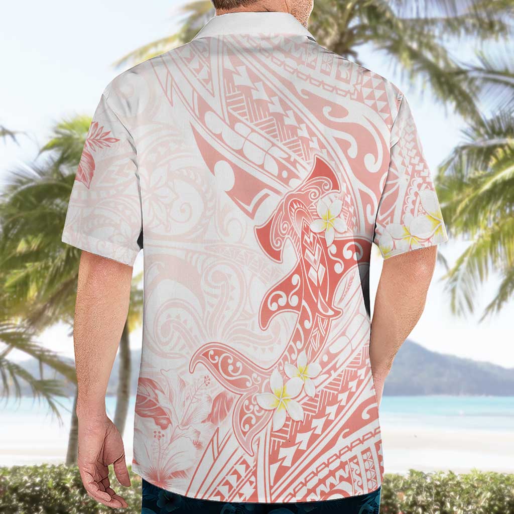 Polynesia Hammerhead Shark Hawaiian Shirt Tropical Flowers Tribal Pattern Peach