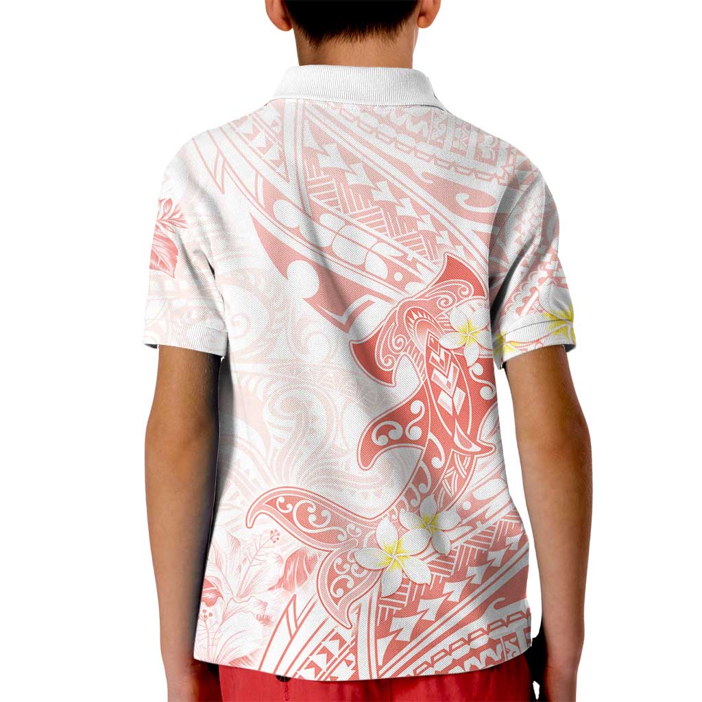 Polynesia Hammerhead Shark Kid Polo Shirt Tropical Flowers Tribal Pattern Peach