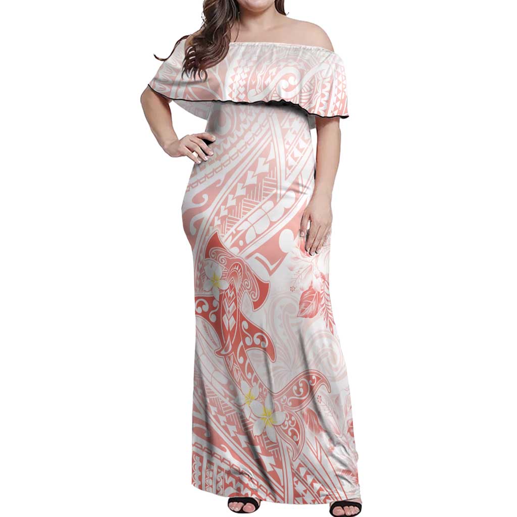 Polynesia Hammerhead Shark Off Shoulder Maxi Dress Tropical Flowers Tribal Pattern Peach LT05 Women Peach - Polynesian Pride