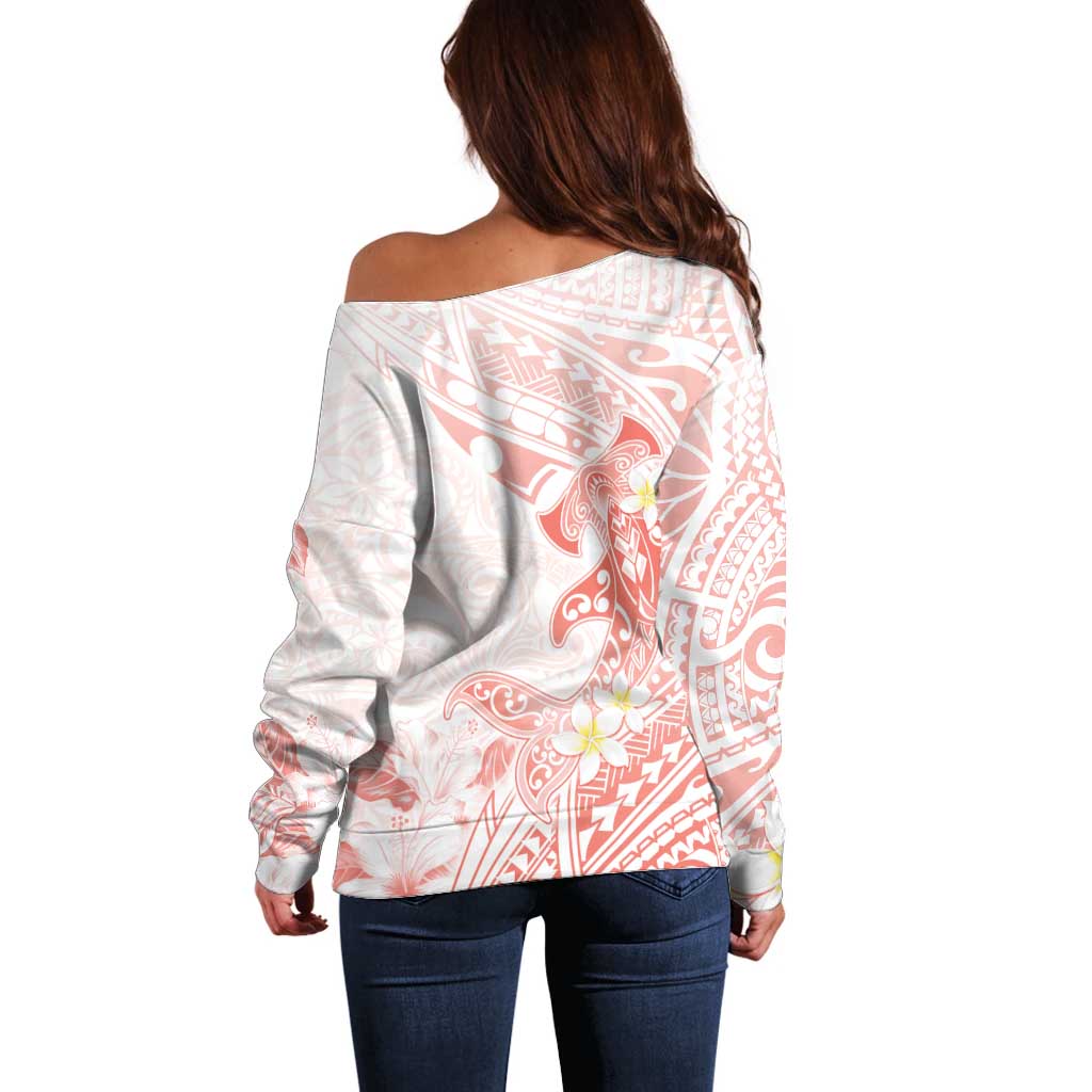 Polynesia Hammerhead Shark Off Shoulder Sweater Tropical Flowers Tribal Pattern Peach