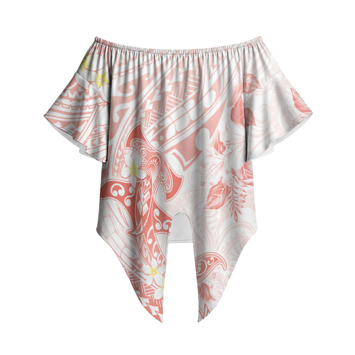 Polynesia Hammerhead Shark Off Shoulder Wrap Waist Top Tropical Flowers Tribal Pattern Peach LT05 Peach - Polynesian Pride