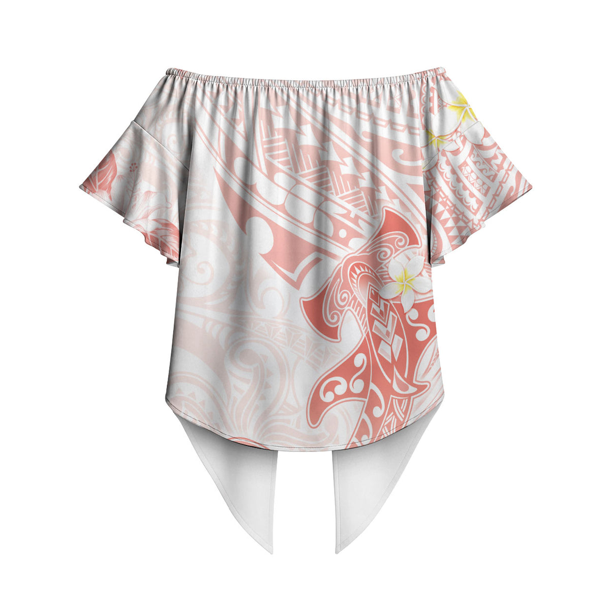 Polynesia Hammerhead Shark Off Shoulder Wrap Waist Top Tropical Flowers Tribal Pattern Peach LT05 - Polynesian Pride
