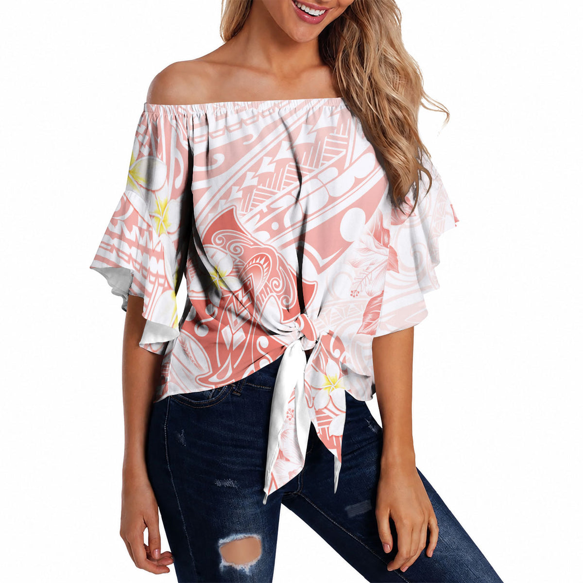 Polynesia Hammerhead Shark Off Shoulder Wrap Waist Top Tropical Flowers Tribal Pattern Peach LT05 - Polynesian Pride