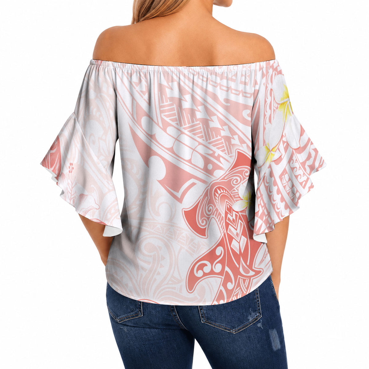 Polynesia Hammerhead Shark Off Shoulder Wrap Waist Top Tropical Flowers Tribal Pattern Peach LT05 - Polynesian Pride