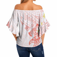 Polynesia Hammerhead Shark Off Shoulder Wrap Waist Top Tropical Flowers Tribal Pattern Peach LT05 - Polynesian Pride