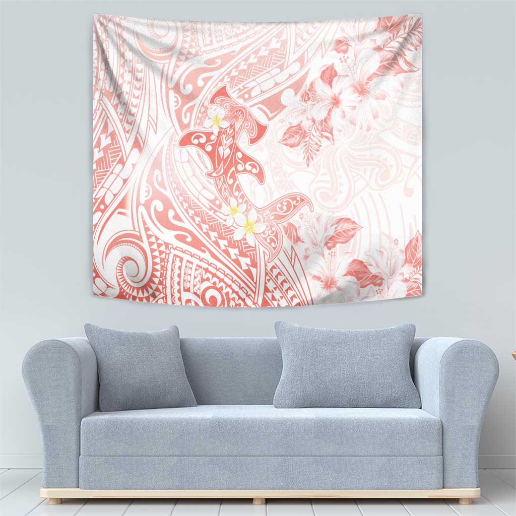 Polynesia Hammerhead Shark Tapestry Tropical Flowers Tribal Pattern Peach