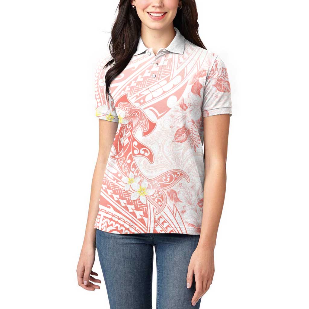 Polynesia Hammerhead Shark Women Polo Shirt Tropical Flowers Tribal Pattern Peach