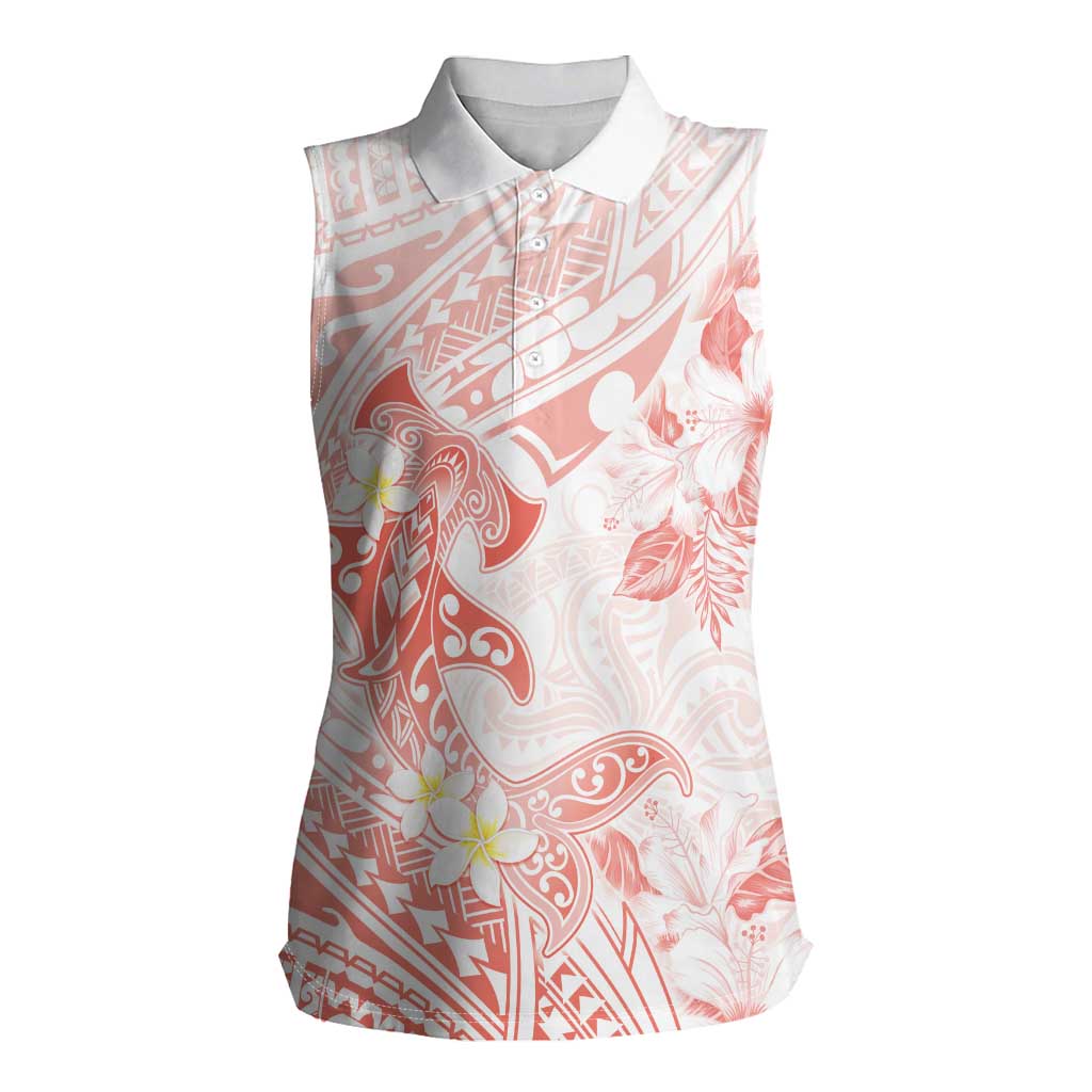 Polynesia Hammerhead Shark Women Sleeveless Polo Shirt Tropical Flowers Tribal Pattern Peach LT05 Female Peach - Polynesian Pride