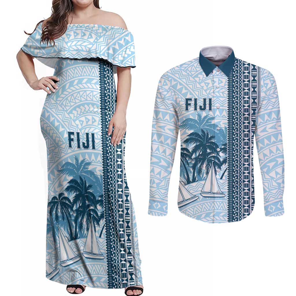 Custom Fiji Regatta Couples Matching Off Shoulder Maxi Dress and Long Sleeve Button Shirt Palm Tree Tapa Pattern - Polynesian Pride