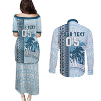 Custom Fiji Regatta Couples Matching Puletasi and Long Sleeve Button Shirt Palm Tree Tapa Pattern - Polynesian Pride
