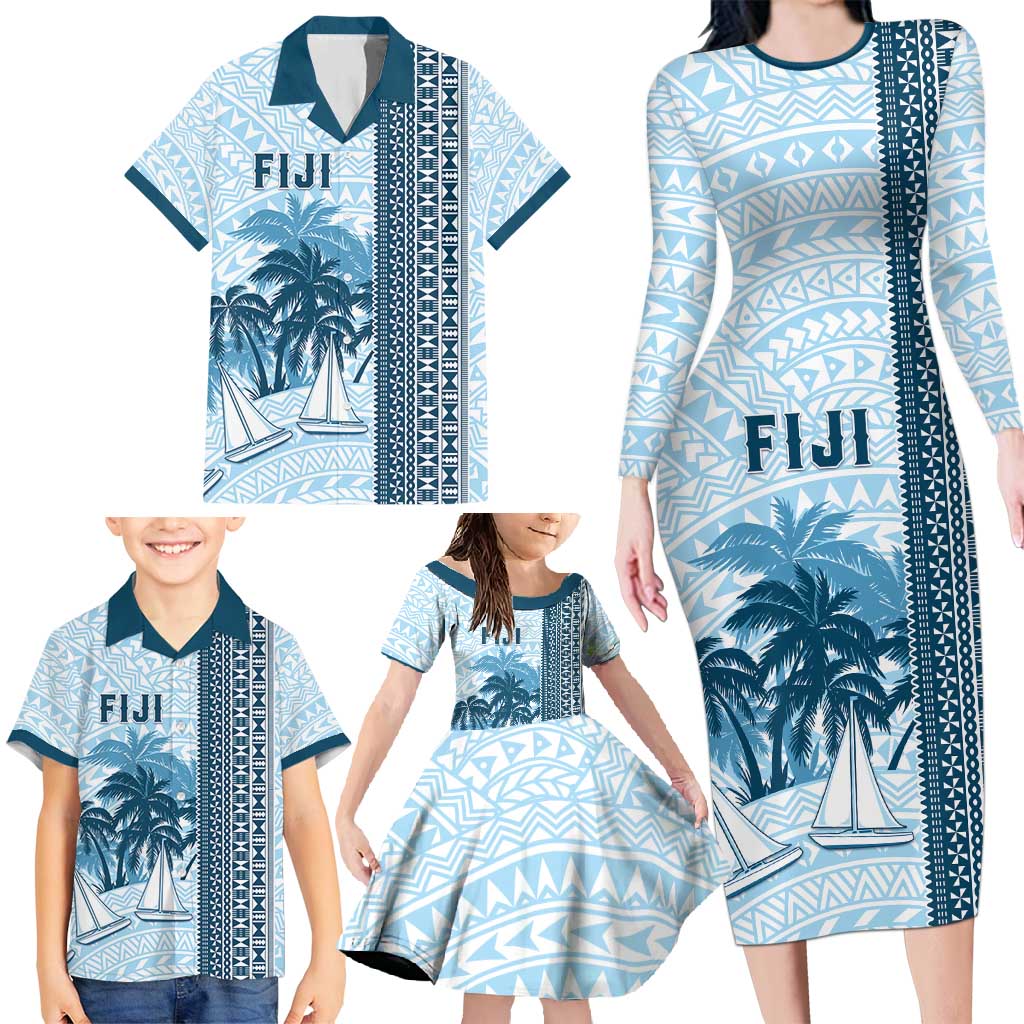 Custom Fiji Regatta Family Matching Long Sleeve Bodycon Dress and Hawaiian Shirt Palm Tree Tapa Pattern LT05 - Polynesian Pride