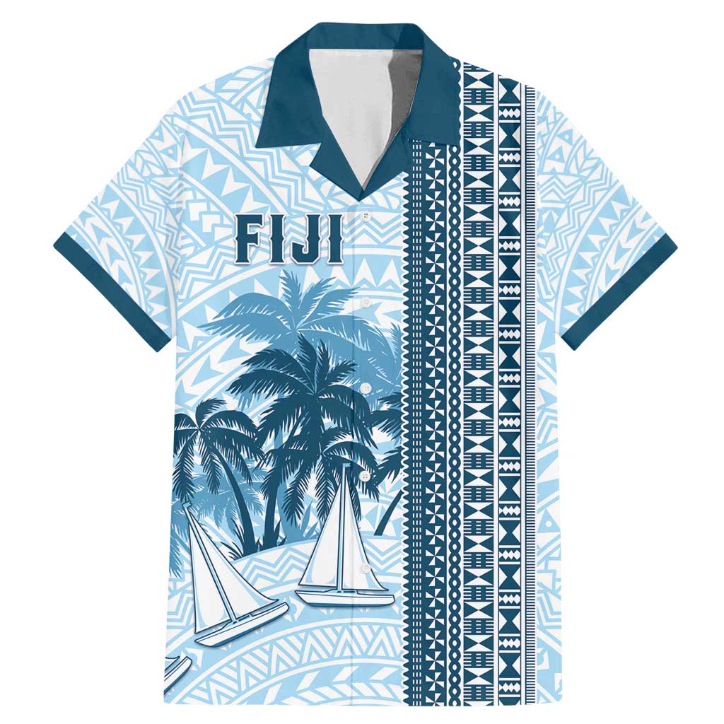 Custom Fiji Regatta Family Matching Mermaid Dress and Hawaiian Shirt Palm Tree Tapa Pattern LT05 Dad's Shirt - Short Sleeve Blue - Polynesian Pride