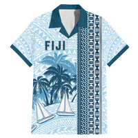 Custom Fiji Regatta Family Matching Mermaid Dress and Hawaiian Shirt Palm Tree Tapa Pattern LT05 Dad's Shirt - Short Sleeve Blue - Polynesian Pride