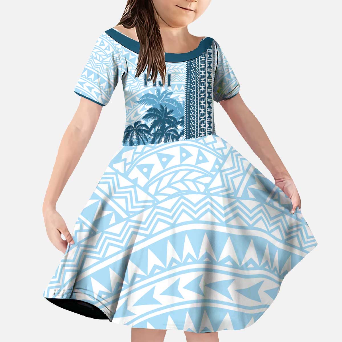 Custom Fiji Regatta Family Matching Off The Shoulder Long Sleeve Dress and Hawaiian Shirt Palm Tree Tapa Pattern LT05 Daughter's Dress Blue - Polynesian Pride