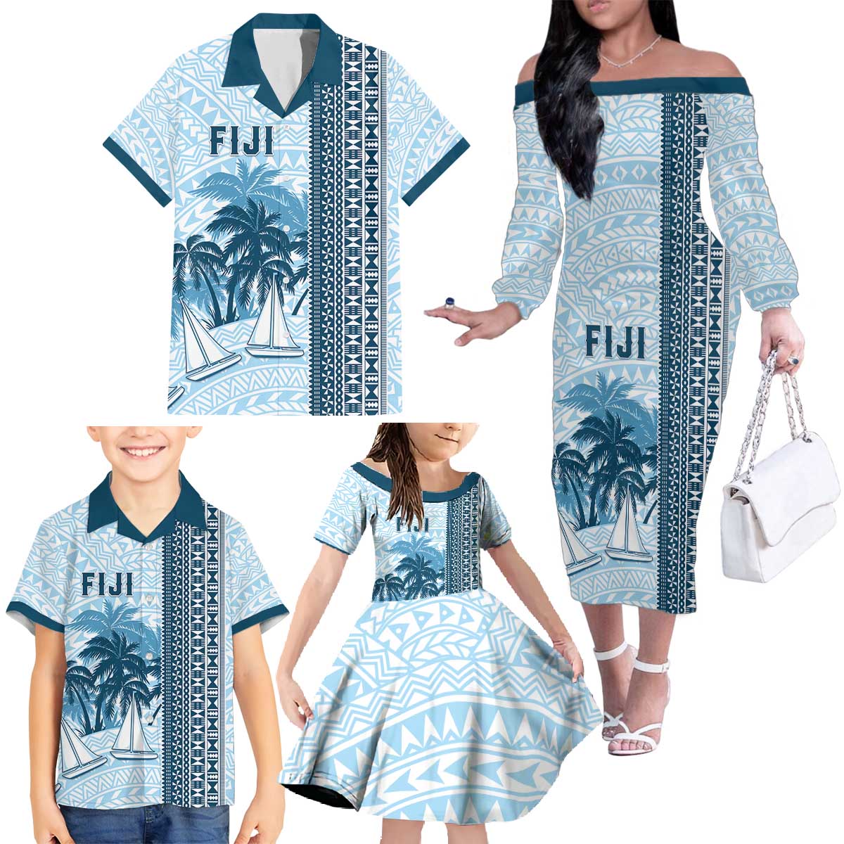 Custom Fiji Regatta Family Matching Off The Shoulder Long Sleeve Dress and Hawaiian Shirt Palm Tree Tapa Pattern LT05 - Polynesian Pride
