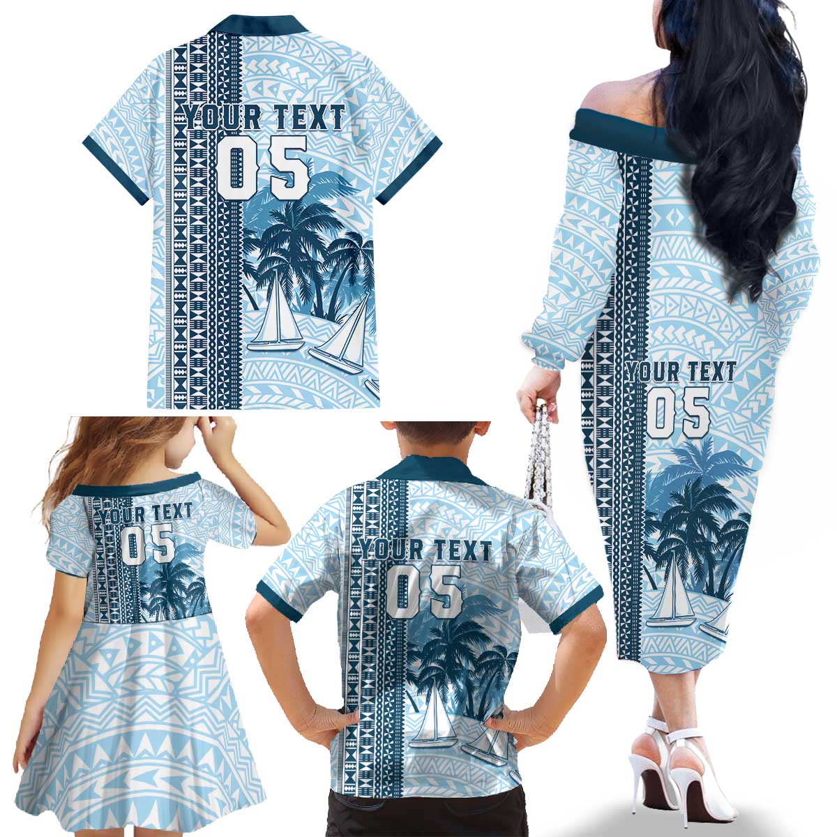 Custom Fiji Regatta Family Matching Off The Shoulder Long Sleeve Dress and Hawaiian Shirt Palm Tree Tapa Pattern LT05 - Polynesian Pride