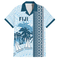 Custom Fiji Regatta Family Matching Off The Shoulder Long Sleeve Dress and Hawaiian Shirt Palm Tree Tapa Pattern LT05 Dad's Shirt - Short Sleeve Blue - Polynesian Pride