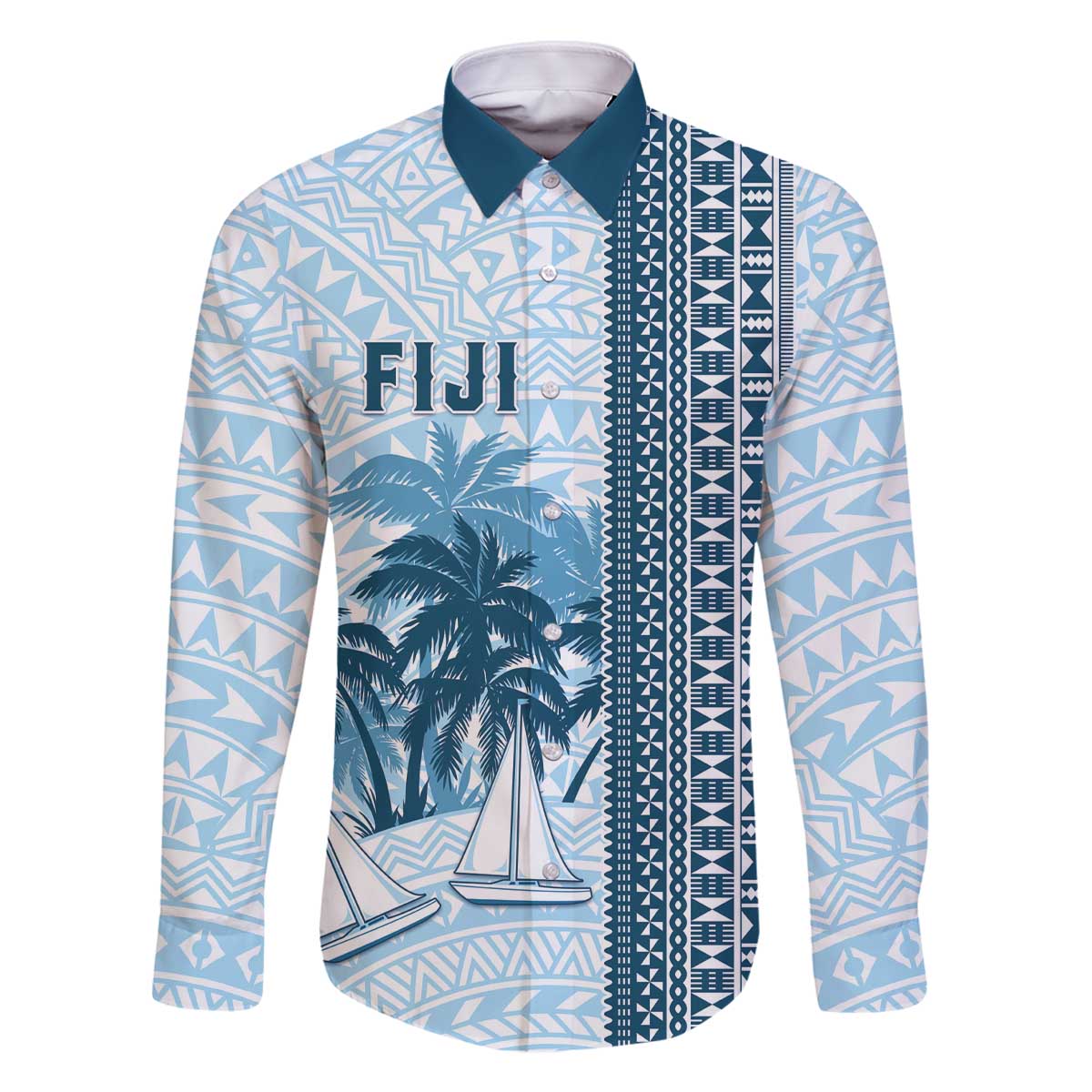 Custom Fiji Regatta Family Matching Off The Shoulder Long Sleeve Dress and Hawaiian Shirt Palm Tree Tapa Pattern LT05 Dad's Shirt - Long Sleeve Blue - Polynesian Pride