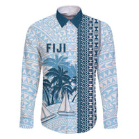 Custom Fiji Regatta Family Matching Off The Shoulder Long Sleeve Dress and Hawaiian Shirt Palm Tree Tapa Pattern LT05 Dad's Shirt - Long Sleeve Blue - Polynesian Pride
