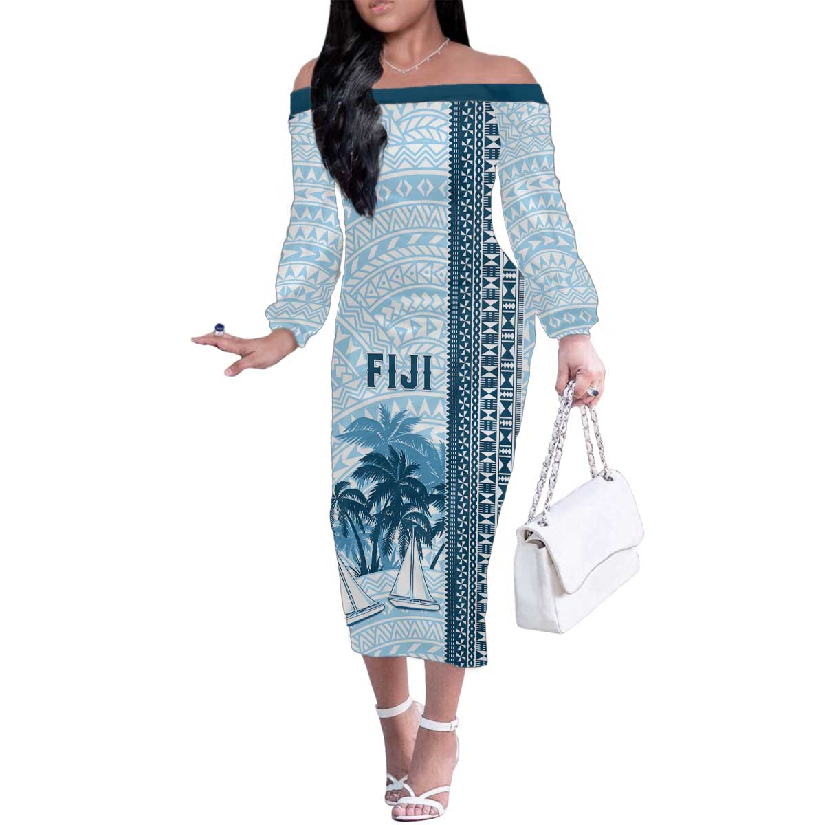 Custom Fiji Regatta Family Matching Off The Shoulder Long Sleeve Dress and Hawaiian Shirt Palm Tree Tapa Pattern LT05 Mom's Dress Blue - Polynesian Pride