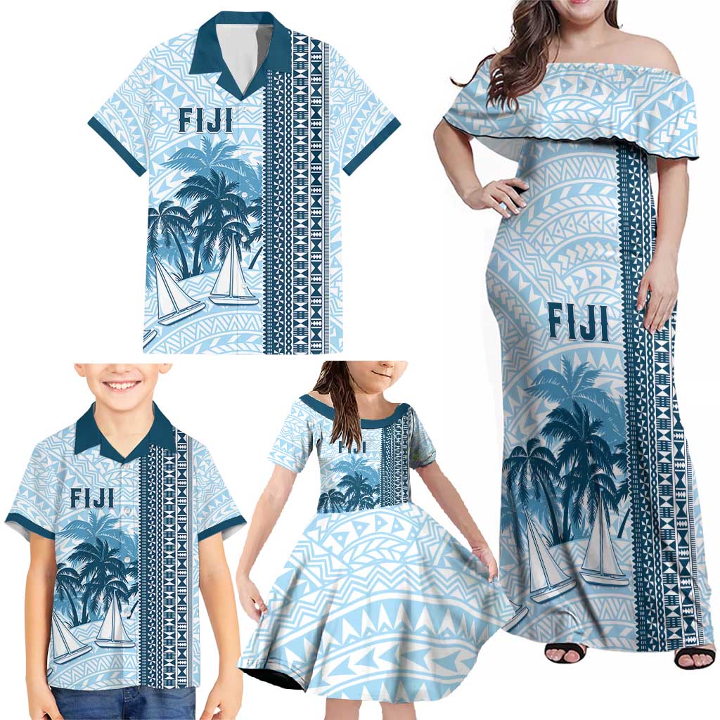Custom Fiji Regatta Family Matching Off Shoulder Maxi Dress and Hawaiian Shirt Palm Tree Tapa Pattern LT05 - Polynesian Pride