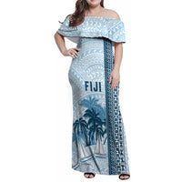 Custom Fiji Regatta Family Matching Off Shoulder Maxi Dress and Hawaiian Shirt Palm Tree Tapa Pattern LT05 Mom's Dress Blue - Polynesian Pride