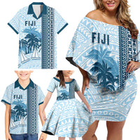 Custom Fiji Regatta Family Matching Off Shoulder Short Dress and Hawaiian Shirt Palm Tree Tapa Pattern LT05 - Polynesian Pride