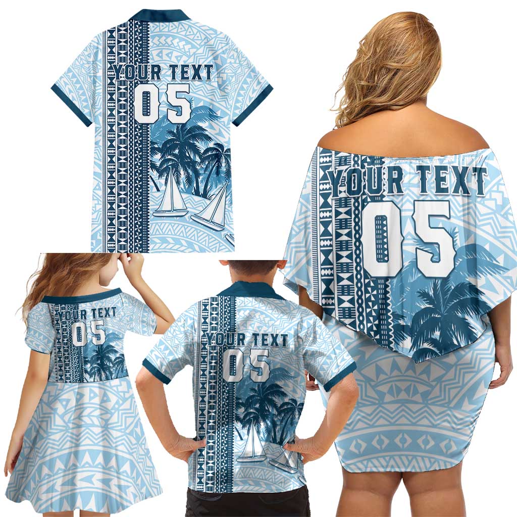 Custom Fiji Regatta Family Matching Off Shoulder Short Dress and Hawaiian Shirt Palm Tree Tapa Pattern LT05 - Polynesian Pride