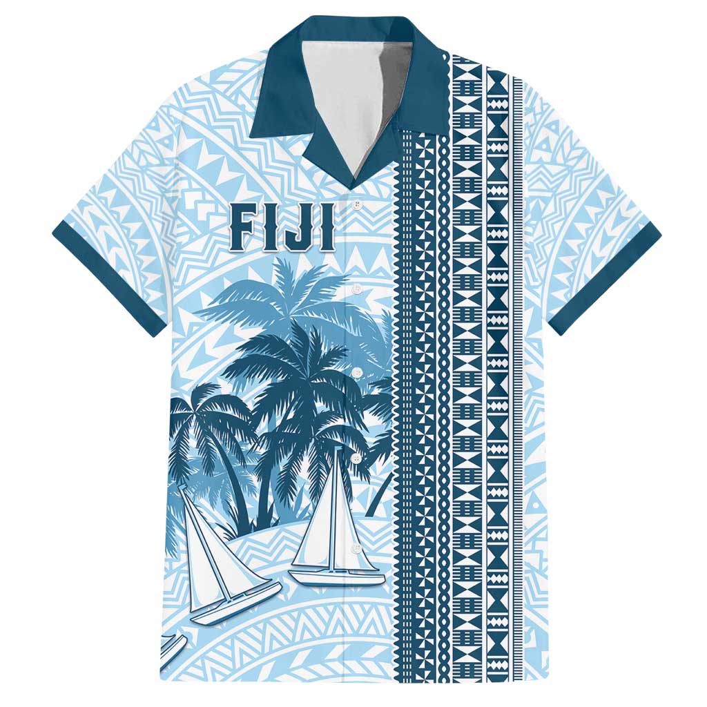 Custom Fiji Regatta Family Matching Off Shoulder Short Dress and Hawaiian Shirt Palm Tree Tapa Pattern LT05 Dad's Shirt - Short Sleeve Blue - Polynesian Pride
