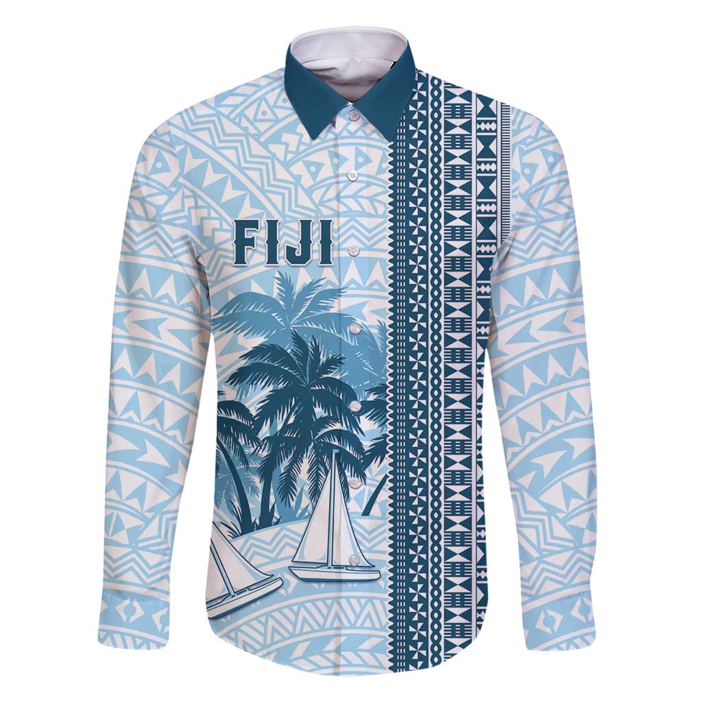 Custom Fiji Regatta Family Matching Off Shoulder Short Dress and Hawaiian Shirt Palm Tree Tapa Pattern LT05 Dad's Shirt - Long Sleeve Blue - Polynesian Pride
