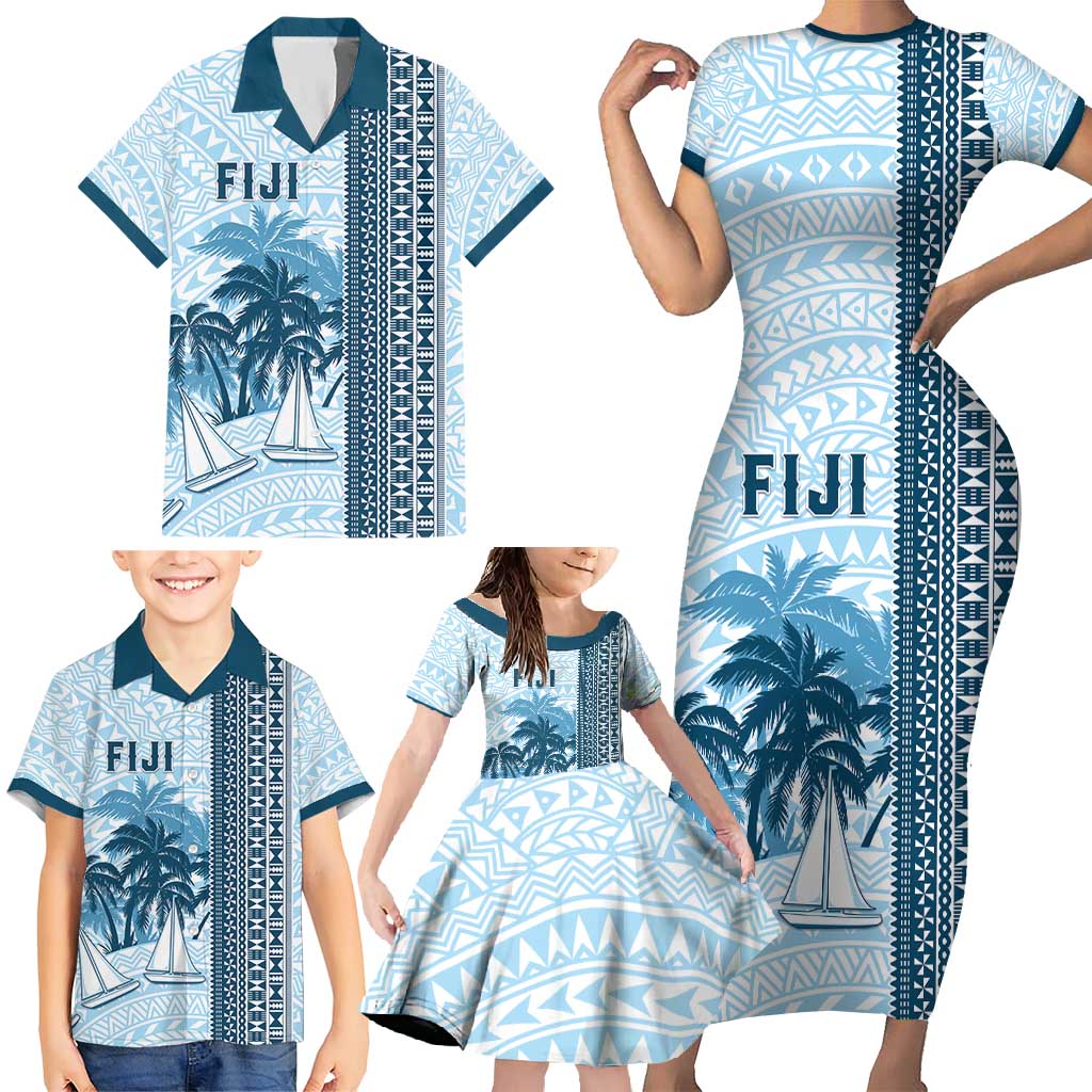 Custom Fiji Regatta Family Matching Short Sleeve Bodycon Dress and Hawaiian Shirt Palm Tree Tapa Pattern LT05 - Polynesian Pride