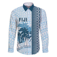 Custom Fiji Regatta Family Matching Summer Maxi Dress and Hawaiian Shirt Palm Tree Tapa Pattern LT05 Dad's Shirt - Long Sleeve Blue - Polynesian Pride