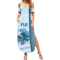 Custom Fiji Regatta Family Matching Summer Maxi Dress and Hawaiian Shirt Palm Tree Tapa Pattern LT05 Mom's Dress Blue - Polynesian Pride