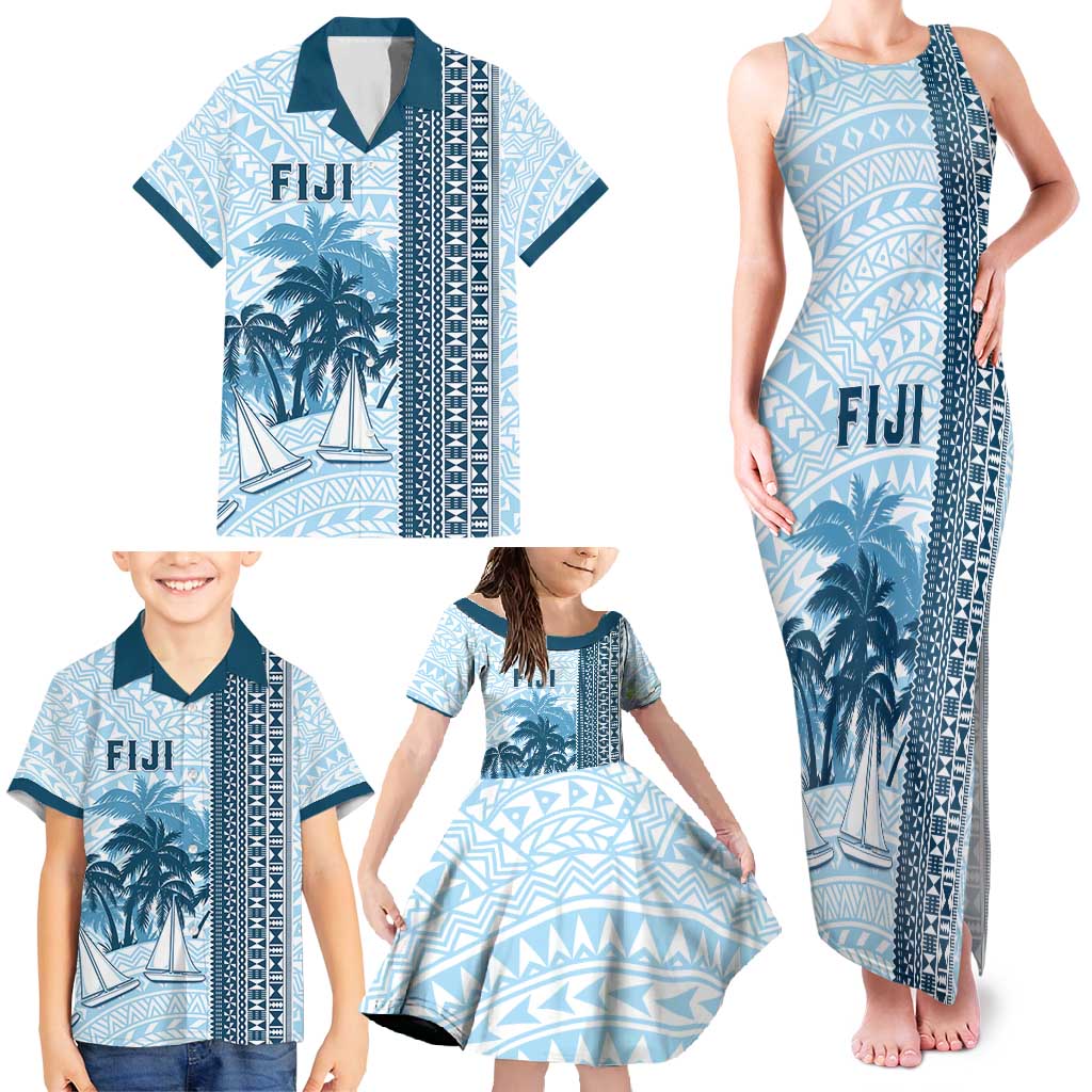 Custom Fiji Regatta Family Matching Tank Maxi Dress and Hawaiian Shirt Palm Tree Tapa Pattern LT05 - Polynesian Pride