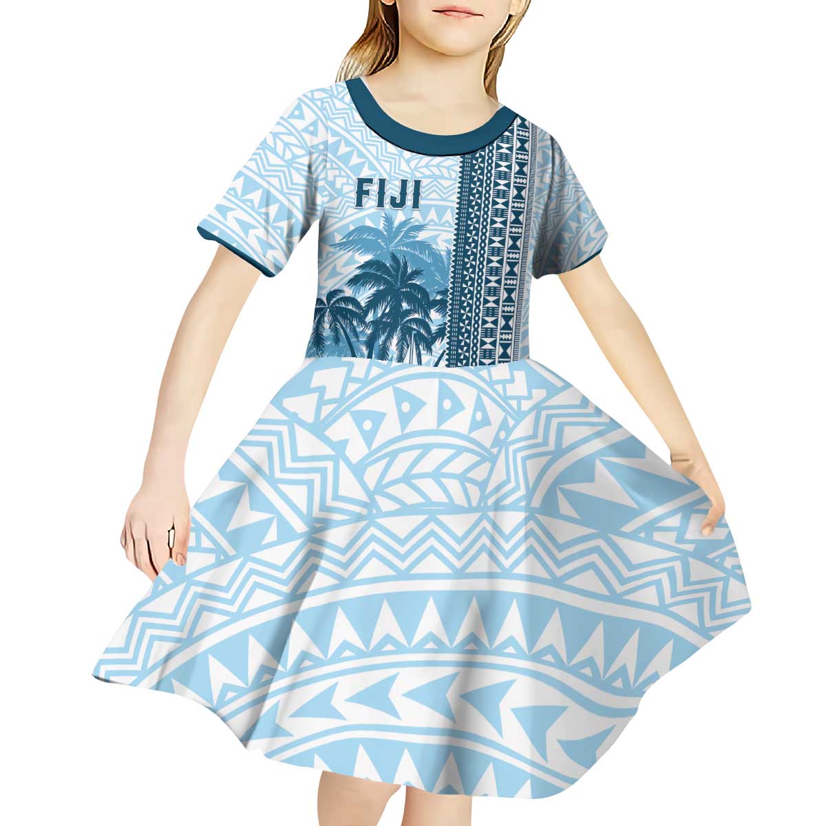 Custom Fiji Regatta Kid Short Sleeve Dress Palm Tree Tapa Pattern - Polynesian Pride