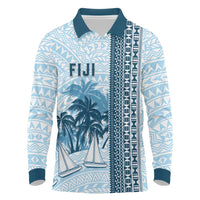 Custom Fiji Regatta Long Sleeve Polo Shirt Palm Tree Tapa Pattern LT05 Blue - Polynesian Pride