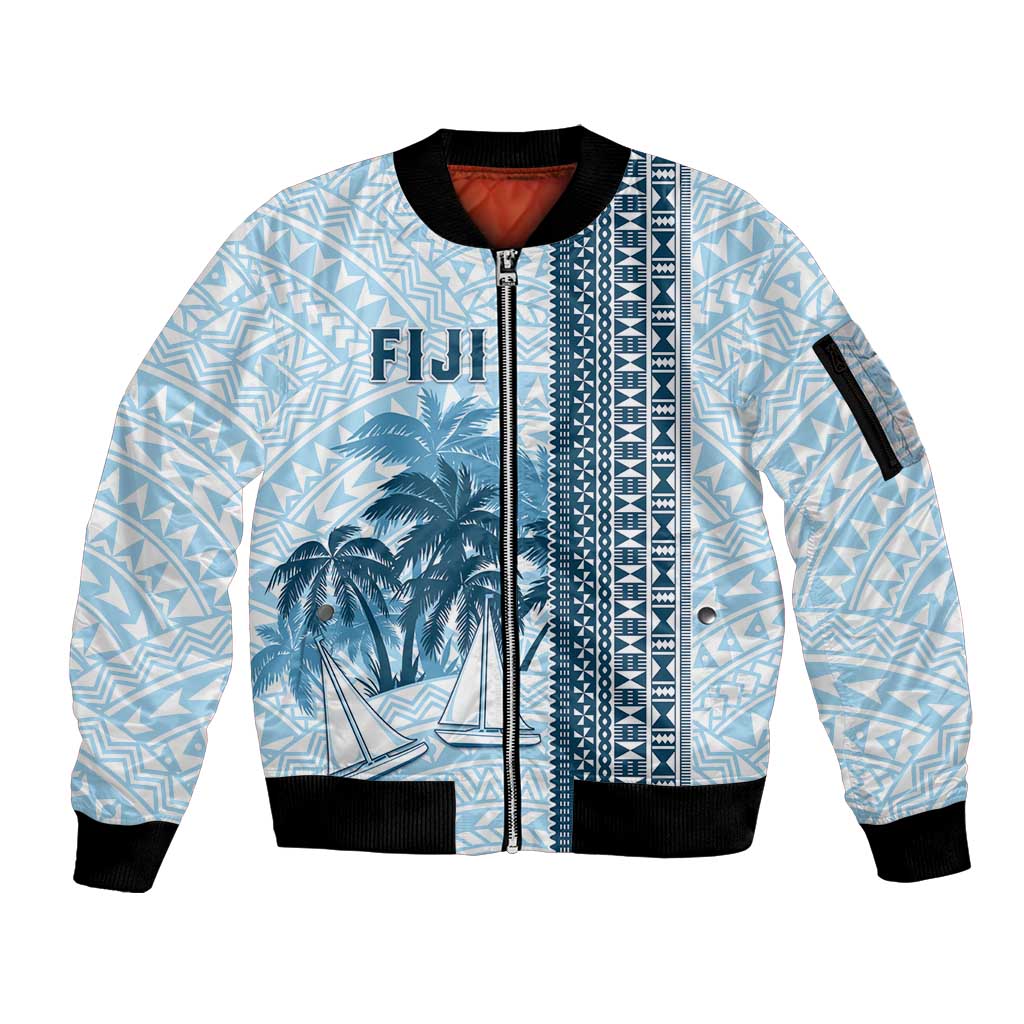 Custom Fiji Regatta Sleeve Zip Bomber Jacket Palm Tree Tapa Pattern LT05 Unisex Blue - Polynesian Pride