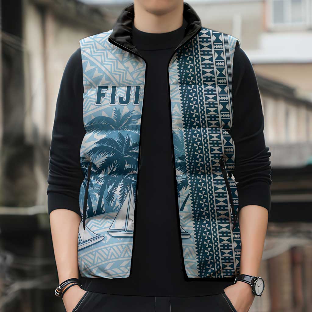 Custom Fiji Regatta Sleeveless Puffer Jacket Palm Tree Tapa Pattern - Polynesian Pride