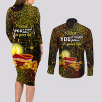 Happy Diwali Festival Couples Matching Long Sleeve Bodycon Dress and Long Sleeve Button Shirts Diya Lamp Hibiscus Polynesian Pattern LT05 - Polynesian Pride