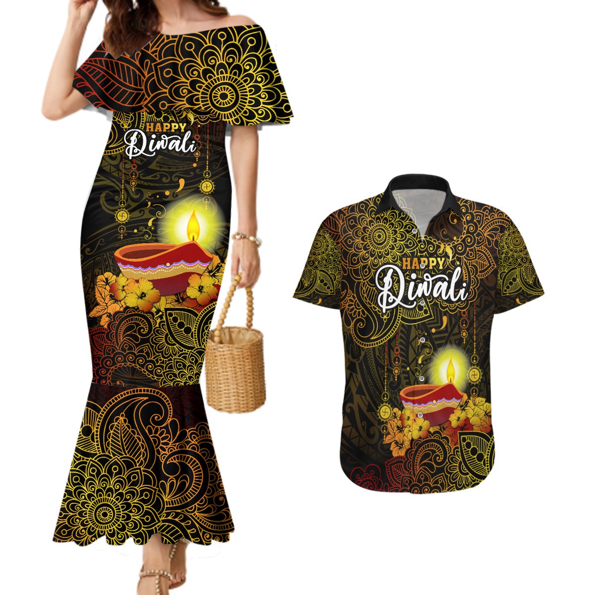 Happy Diwali Festival Couples Matching Mermaid Dress and Hawaiian Shirt Diya Lamp Hibiscus Polynesian Pattern LT05 Yellow - Polynesian Pride