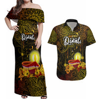Happy Diwali Festival Couples Matching Off Shoulder Maxi Dress and Hawaiian Shirt Diya Lamp Hibiscus Polynesian Pattern LT05 Yellow - Polynesian Pride